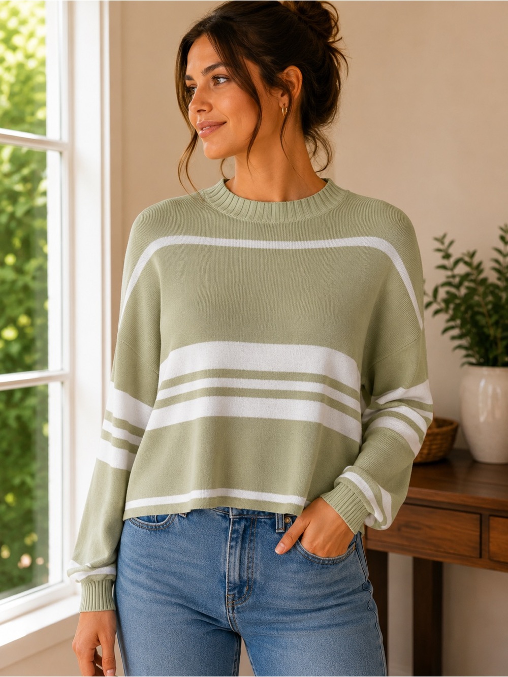 Light Sage Striped Women's Sweater
